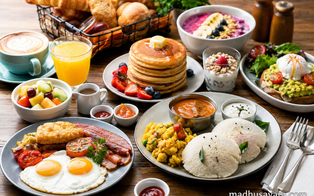 Indian and international breakfast spread featuring idli, eggs, pancakes, avocado toast, fruit, yoghurt, pastries, coffee and juice