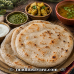 Chilra Himalayan bread served with curd, coriander chutney, potato curry, dal and pickle
