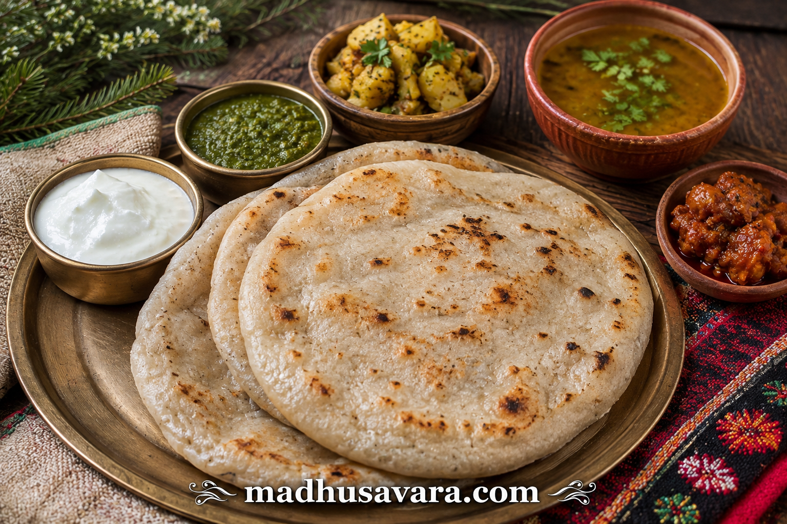 Chilra Himalayan bread served with curd, coriander chutney, potato curry, dal and pickle