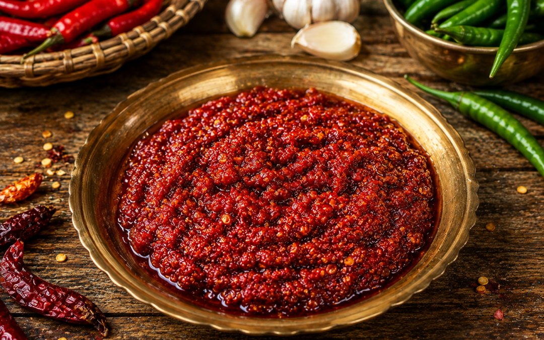 Traditional Chamba Chukh made with red chillies, served as a spicy Himachali chilli paste in a brass bowl.