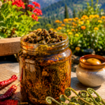 Traditional Kasrod pickle in a glass jar with fresh fiddlehead ferns and spices on a wooden table in sunlight.