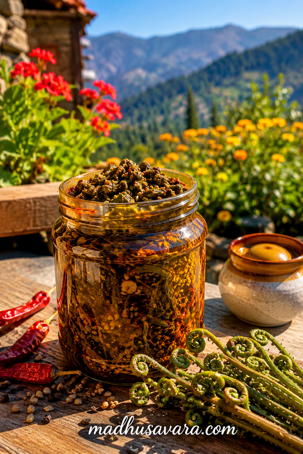 Traditional Kasrod pickle in a glass jar with fresh fiddlehead ferns and spices on a wooden table in sunlight.