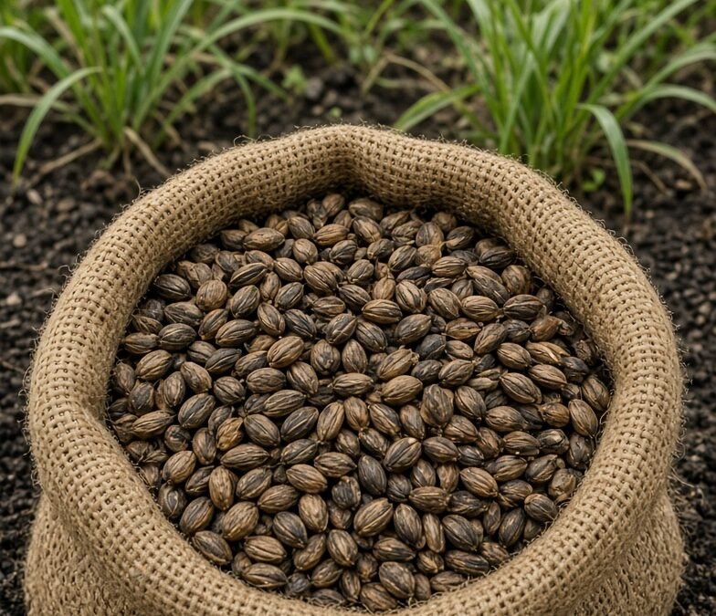 Authentic kodo millet grains in a traditional jute bag placed in a green kodo millet field