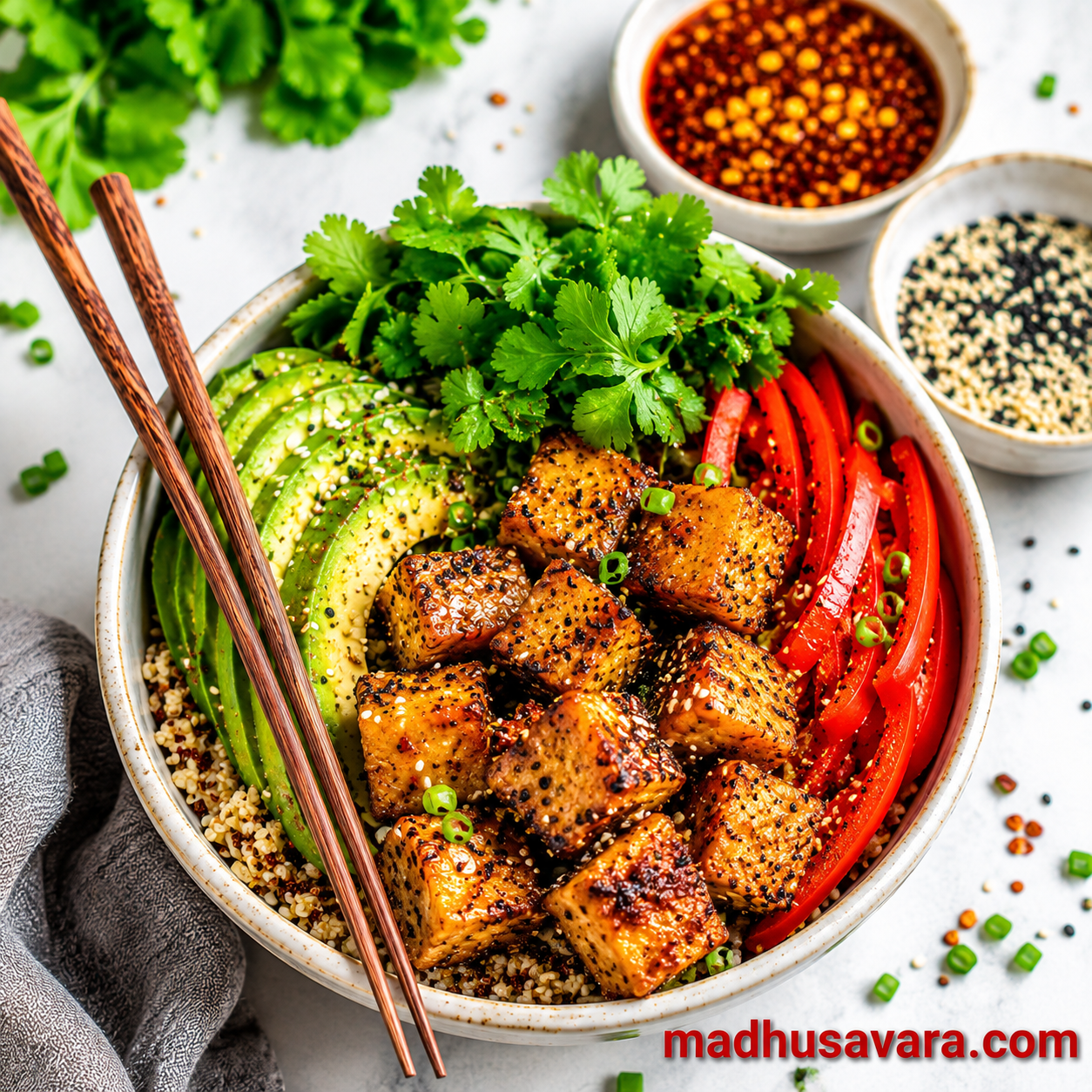food photograph of a vibrant grain bowl topped with glazed chicken, avocado slices, fresh coriander, red bell peppers, sesame seeds, and chopsticks on a white table