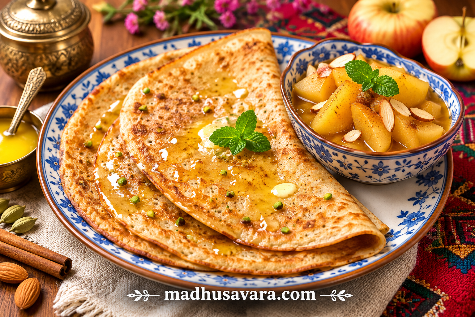 Authentic Patande recipe served with apple stew, showcasing traditional Himachali Patande from the Sirmaur district of Himachal Pradesh