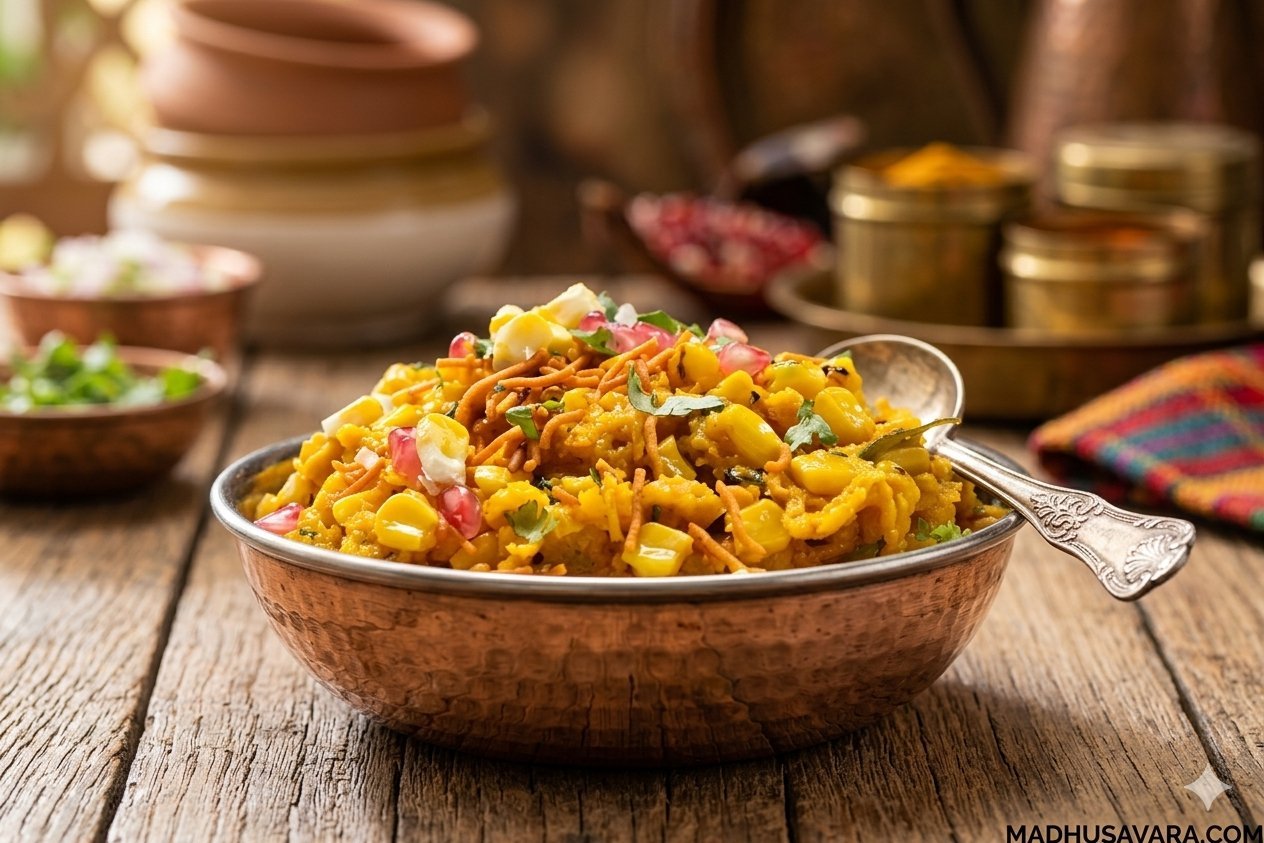 Corn bhel chaat served with a silver spoon in a traditional copper bowl on a wooden table, featuring sweet corn kernels, sev, pomegranate seeds, and fresh cilantro garnish.