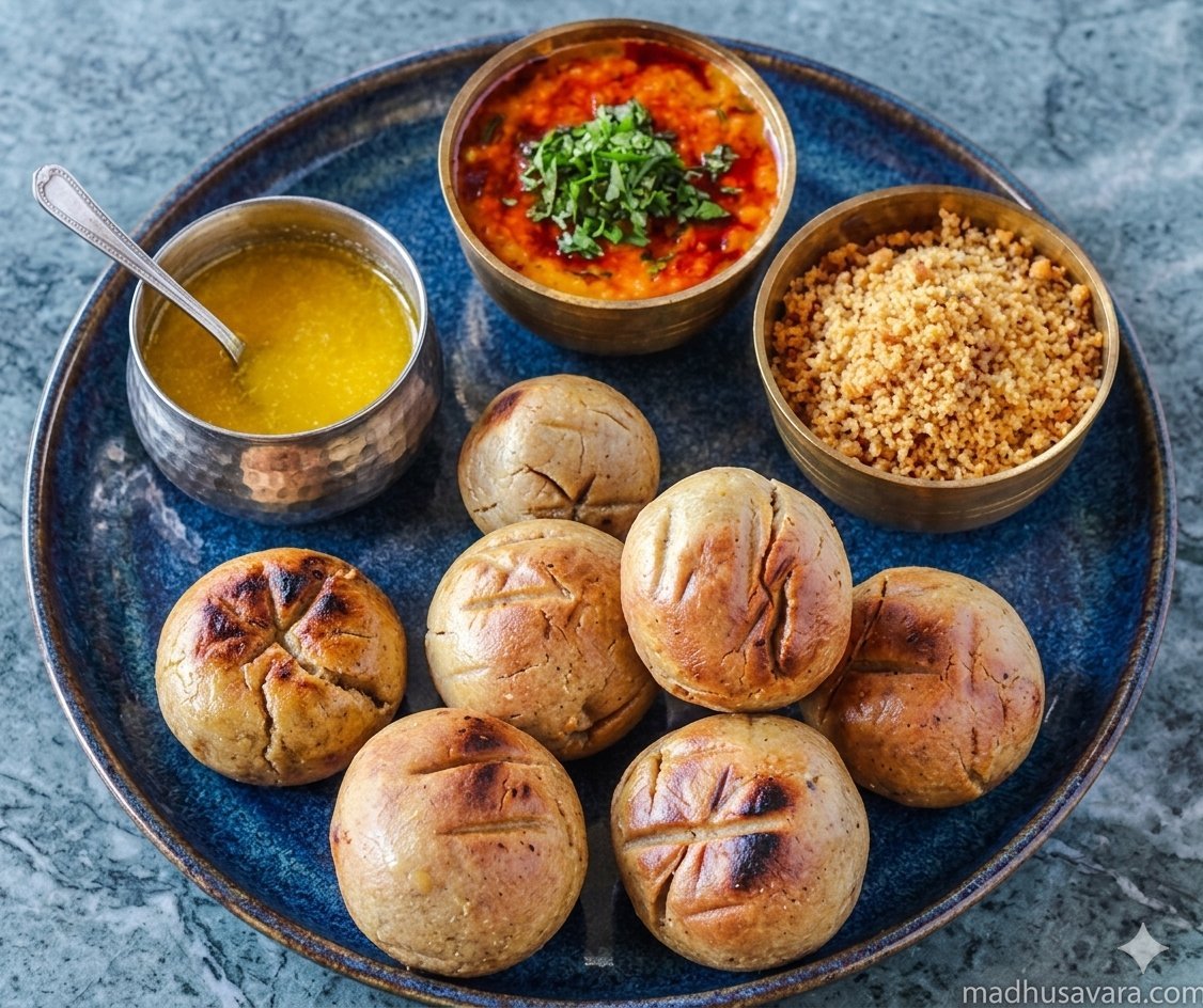 Traditional Madhya Pradesh Dal Bafla thali featuring boiled and baked baflas, a bowl of spicy tuar dal topped with fresh cilantro, sweet crumbled churma, and a hammered katori of pure liquid ghee served on a blue ceramic platter.