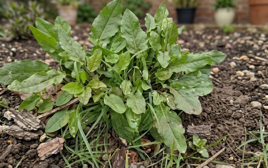 A leafy basal rosette of a wild Dock plant (Rumex spp.) growing in a garden bed with dark soil, small pebbles, and mulch particles.