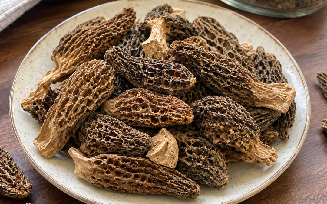 Dried Gucchi mushroom, Himalayan wild morels with honeycomb caps served on a plate
