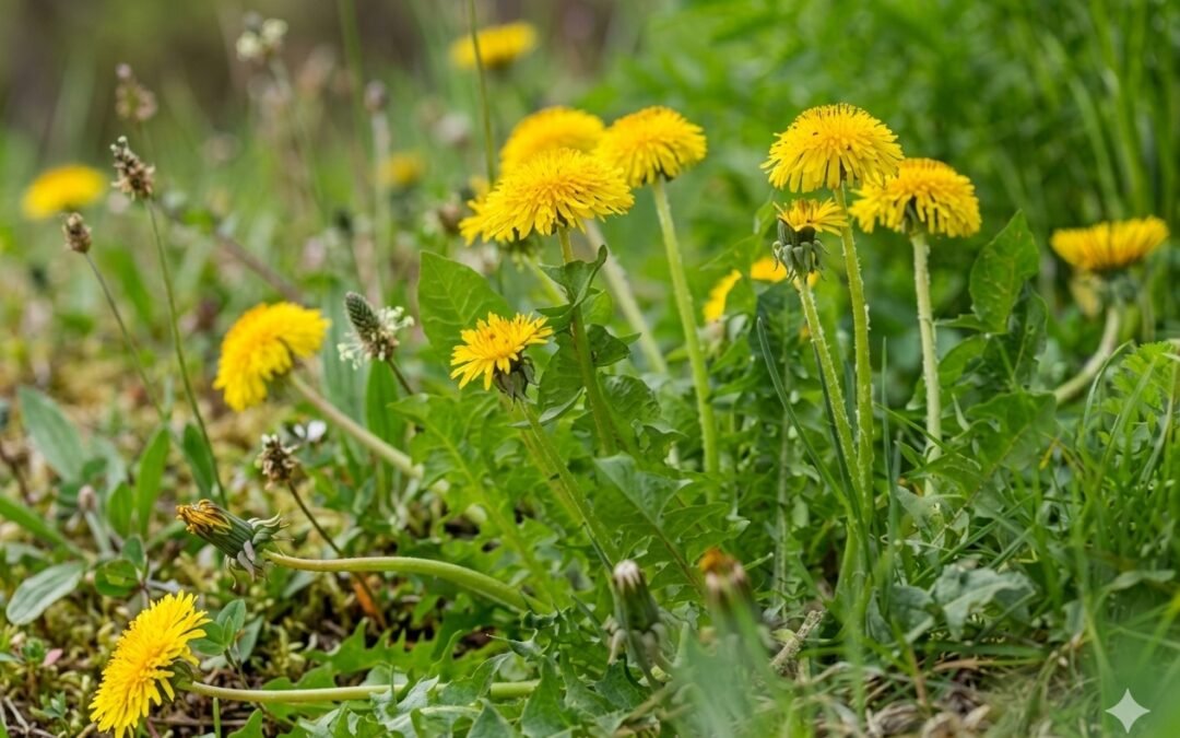 Vibrant yellow dandelion flowers (Taraxacum officinale) blooming naturally in a lush green meadow, showcasing detailed serrated leaves and wild grass background.
